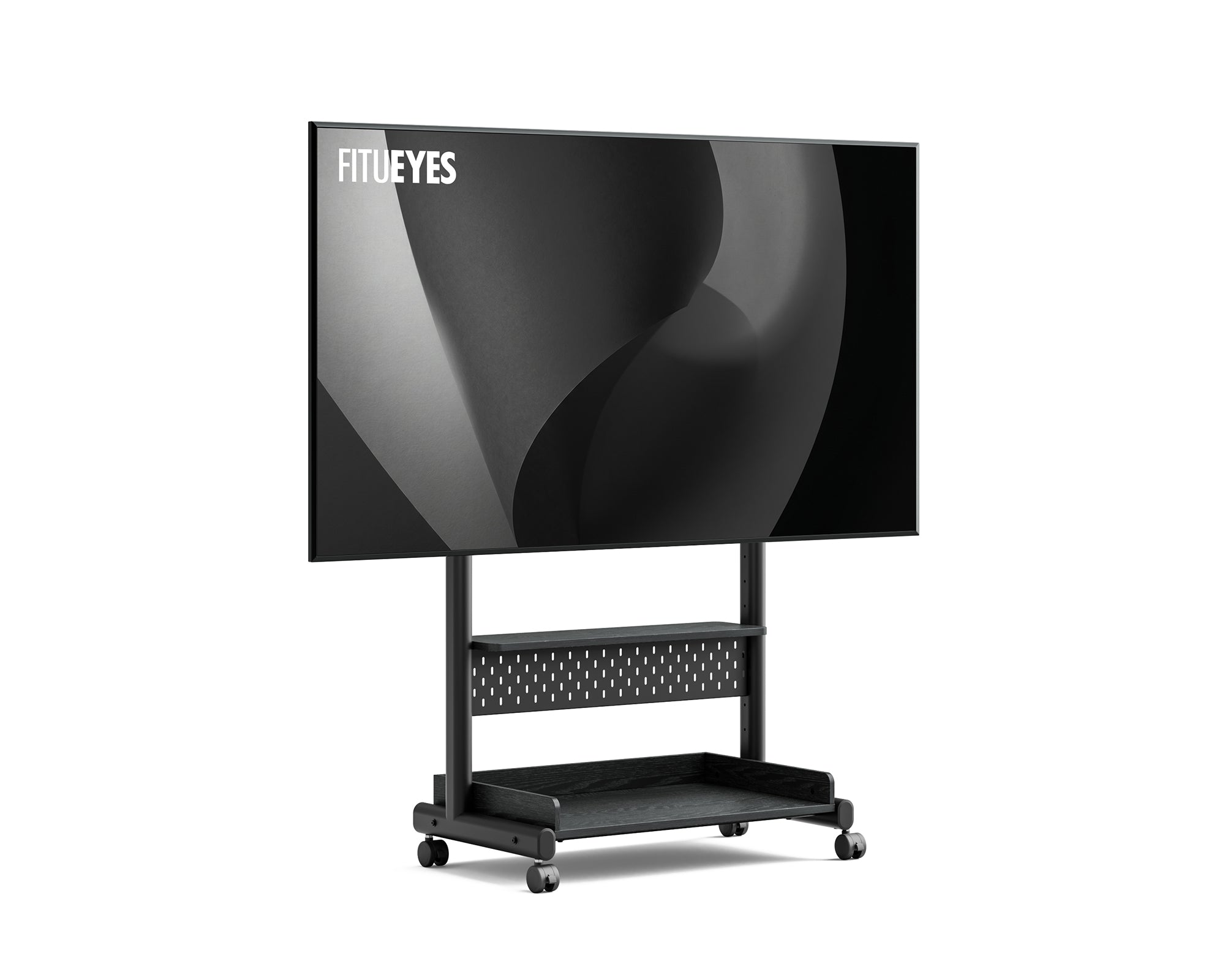 Black K TC85 S2 rolling television stand with pegboard panel and compact shelves