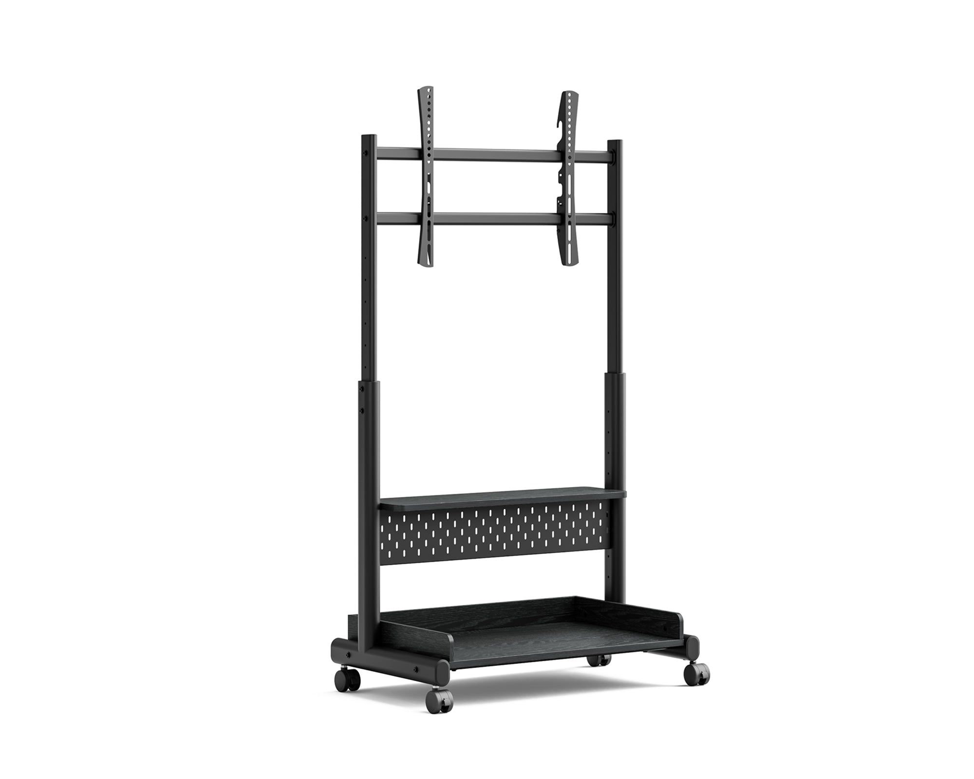 Black K TC85 S2 freestanding television mount with pegboard storage and wheels
