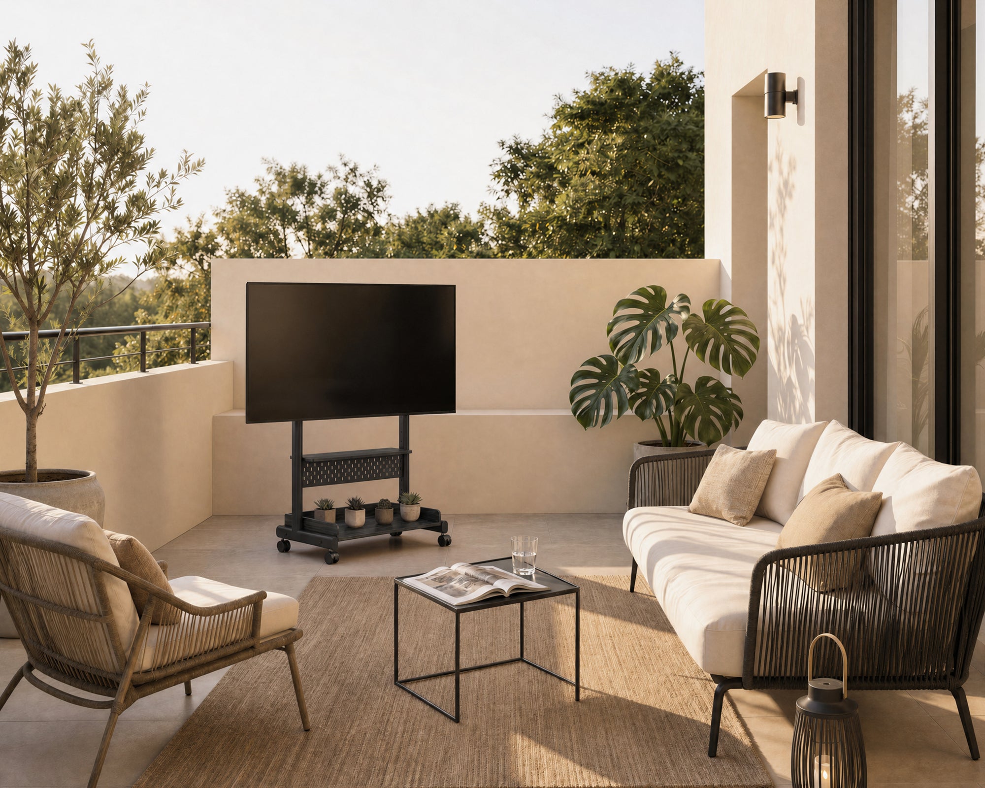 Black K TC85 S2 TV trolley with castors on a sheltered balcony