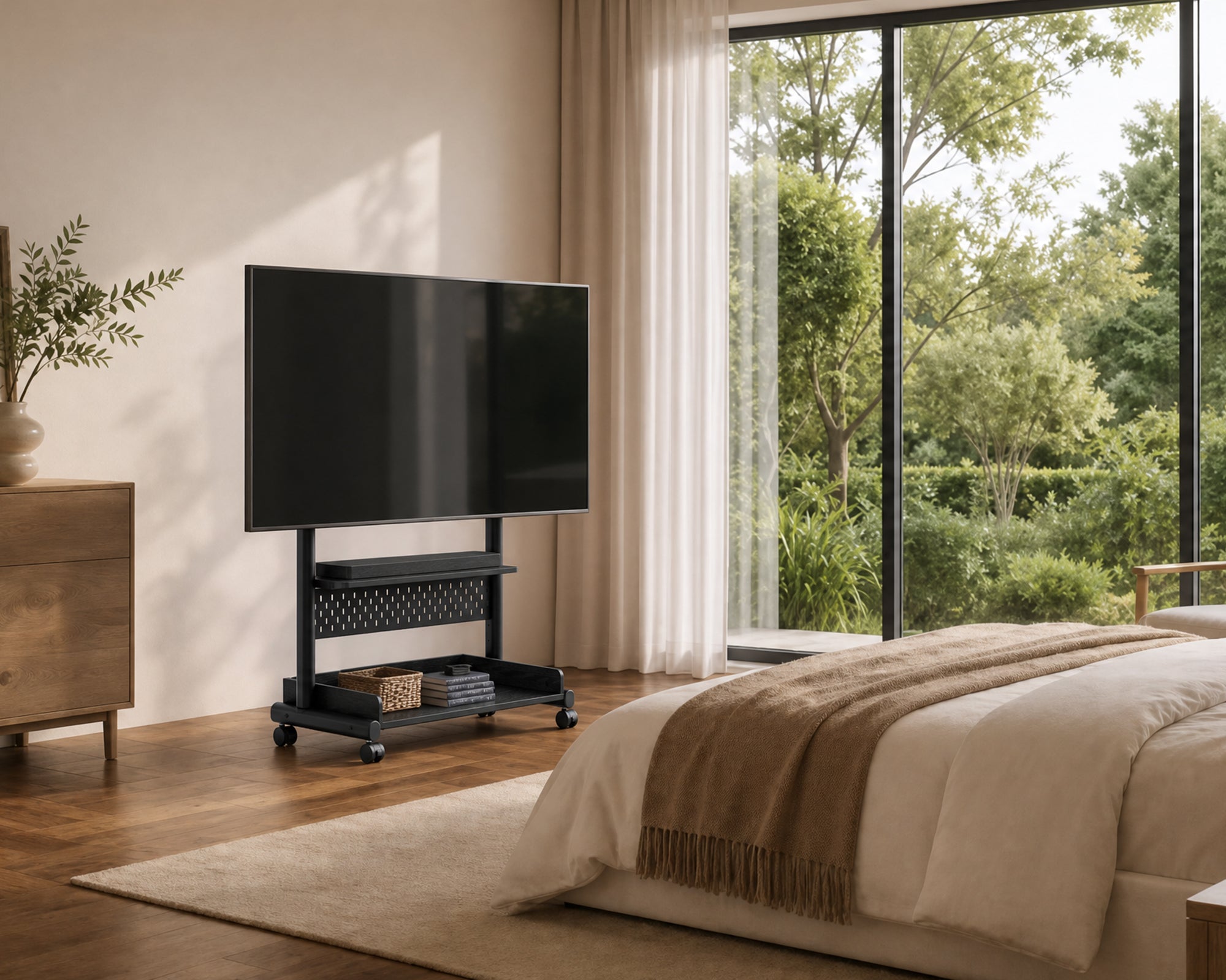 Black K TC85 S2 television trolley with equipment shelves in a bedroom