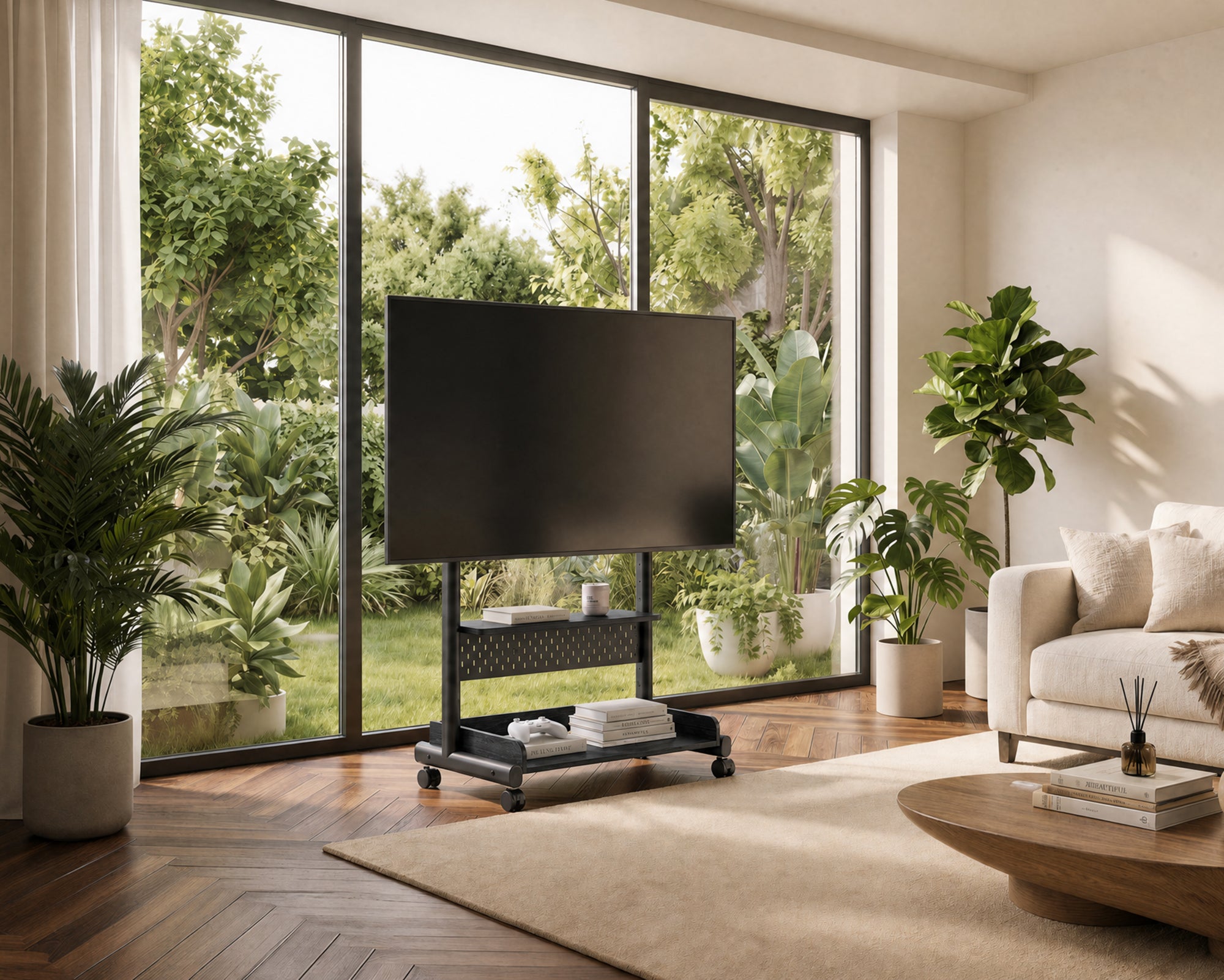 Black K TC85 S2 rolling TV stand in a bright living room overlooking the garden