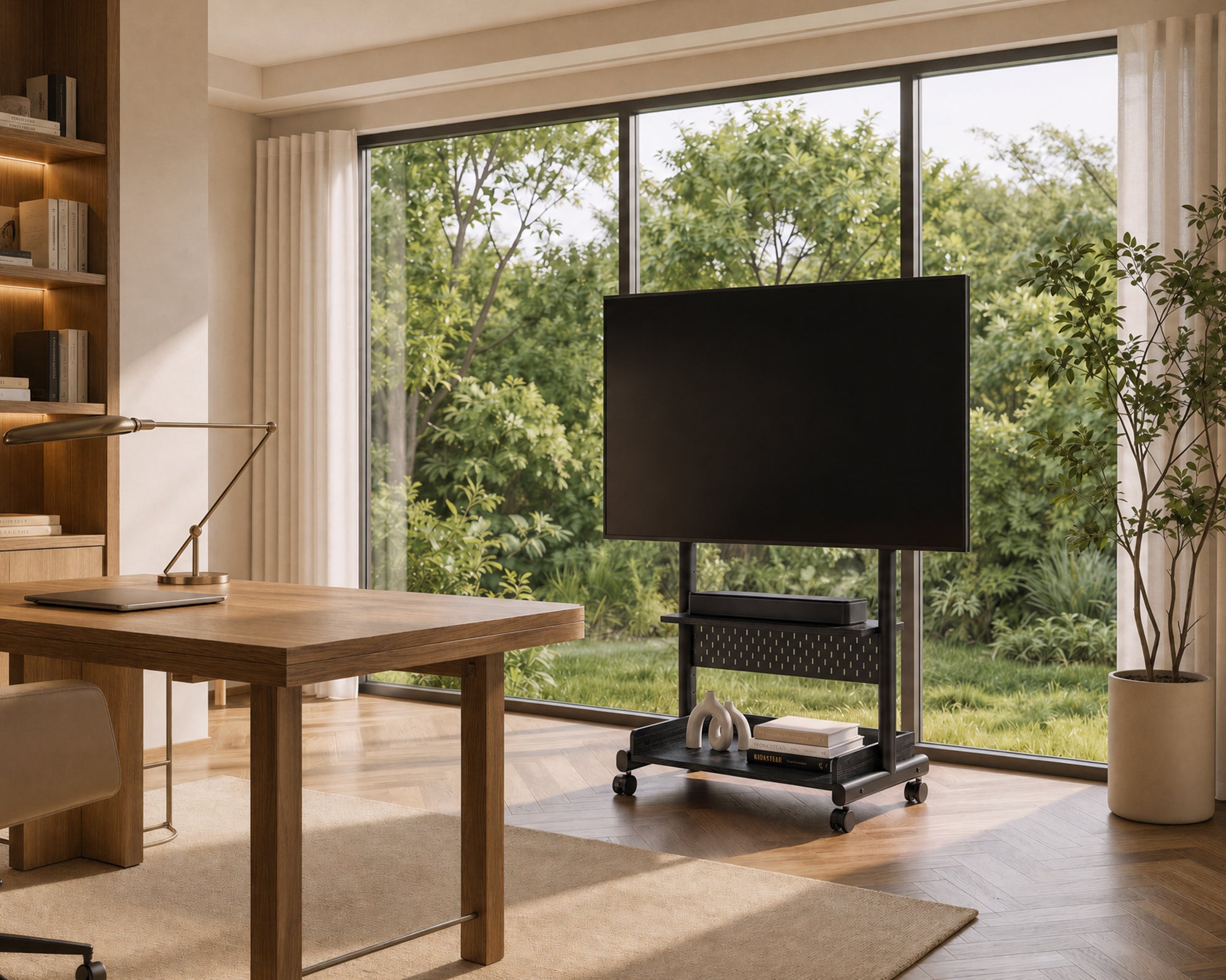 Black K TC85 S2 mobile television stand in a light-filled home study