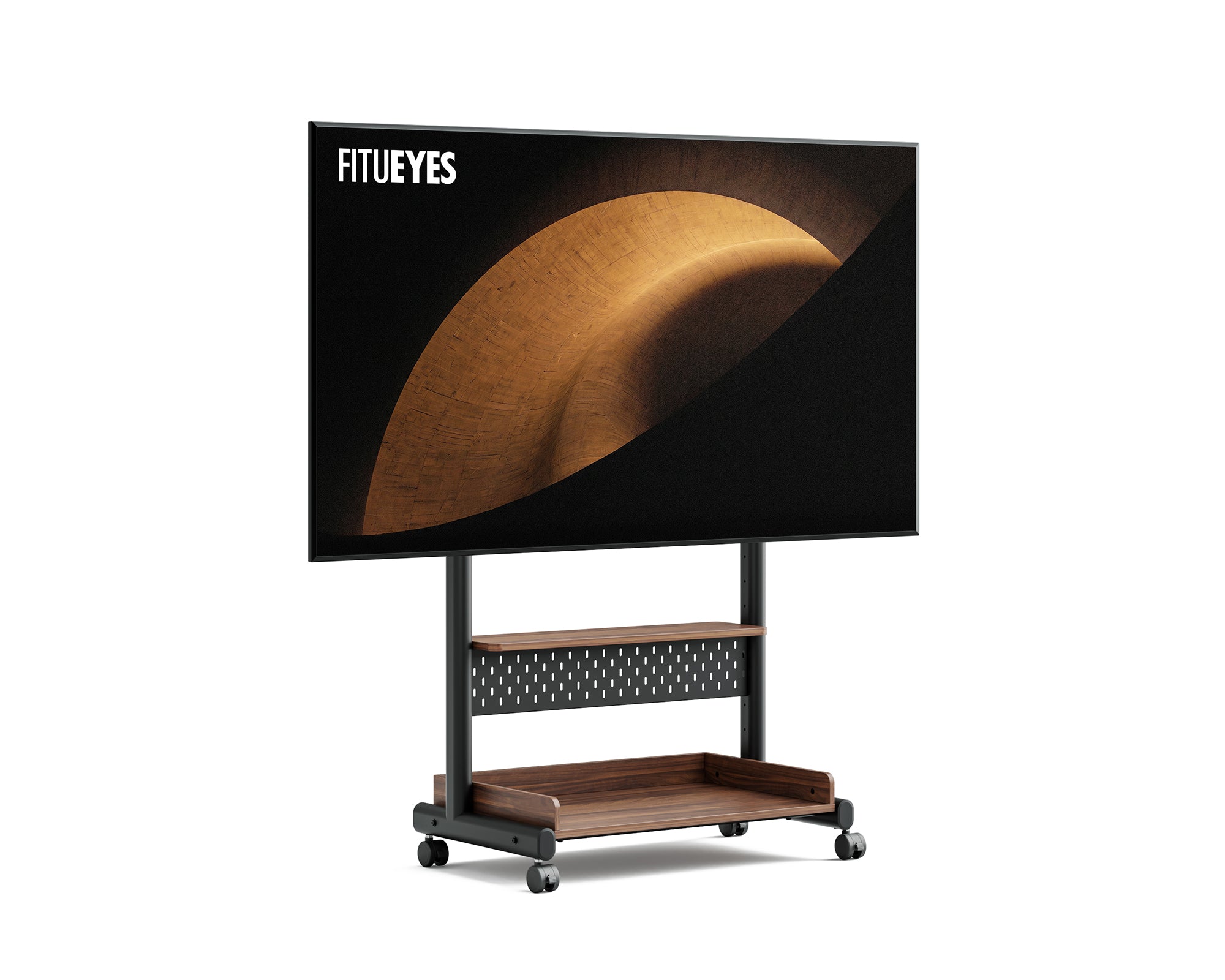 Walnut K TC85 S2 freestanding TV mount with pegboard shelf and lower media storage