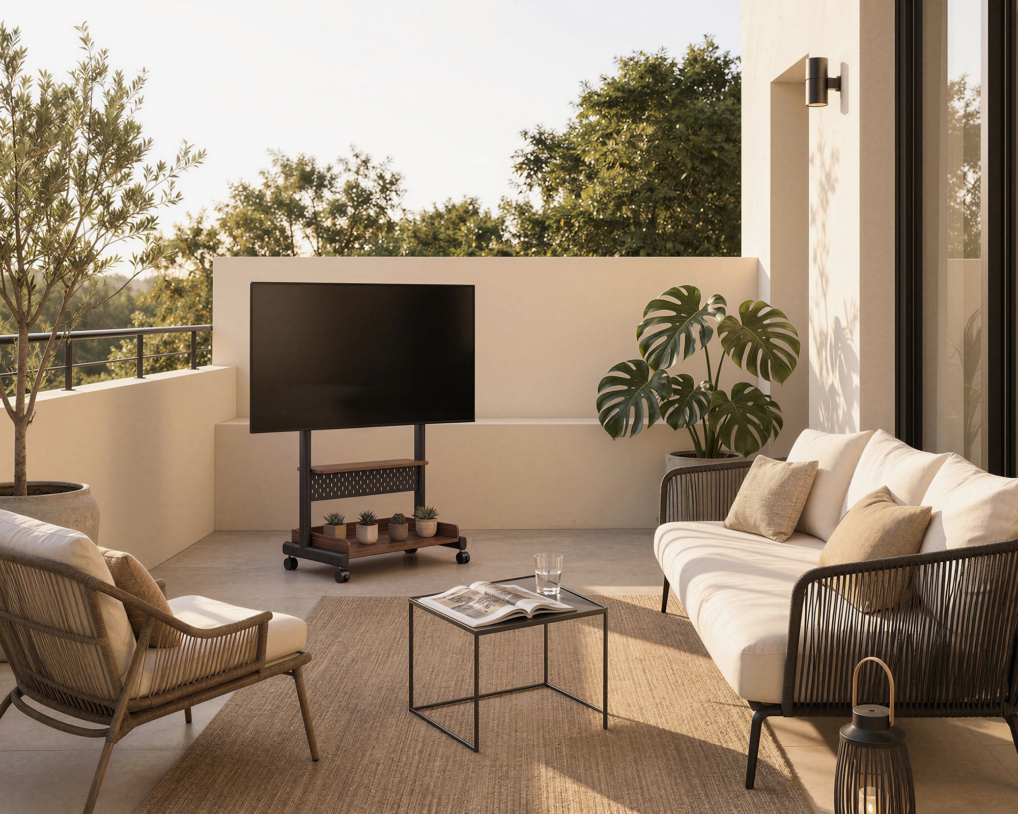 Walnut K TC85 S2 television trolley with shelves on a sunny covered balcony