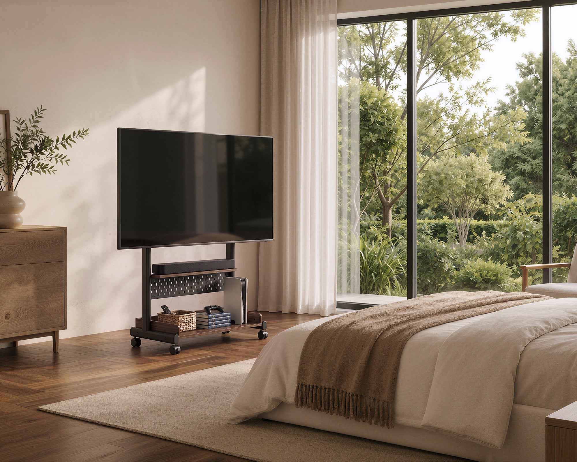Walnut K TC85 S2 rolling TV stand with media storage in a calm bedroom
