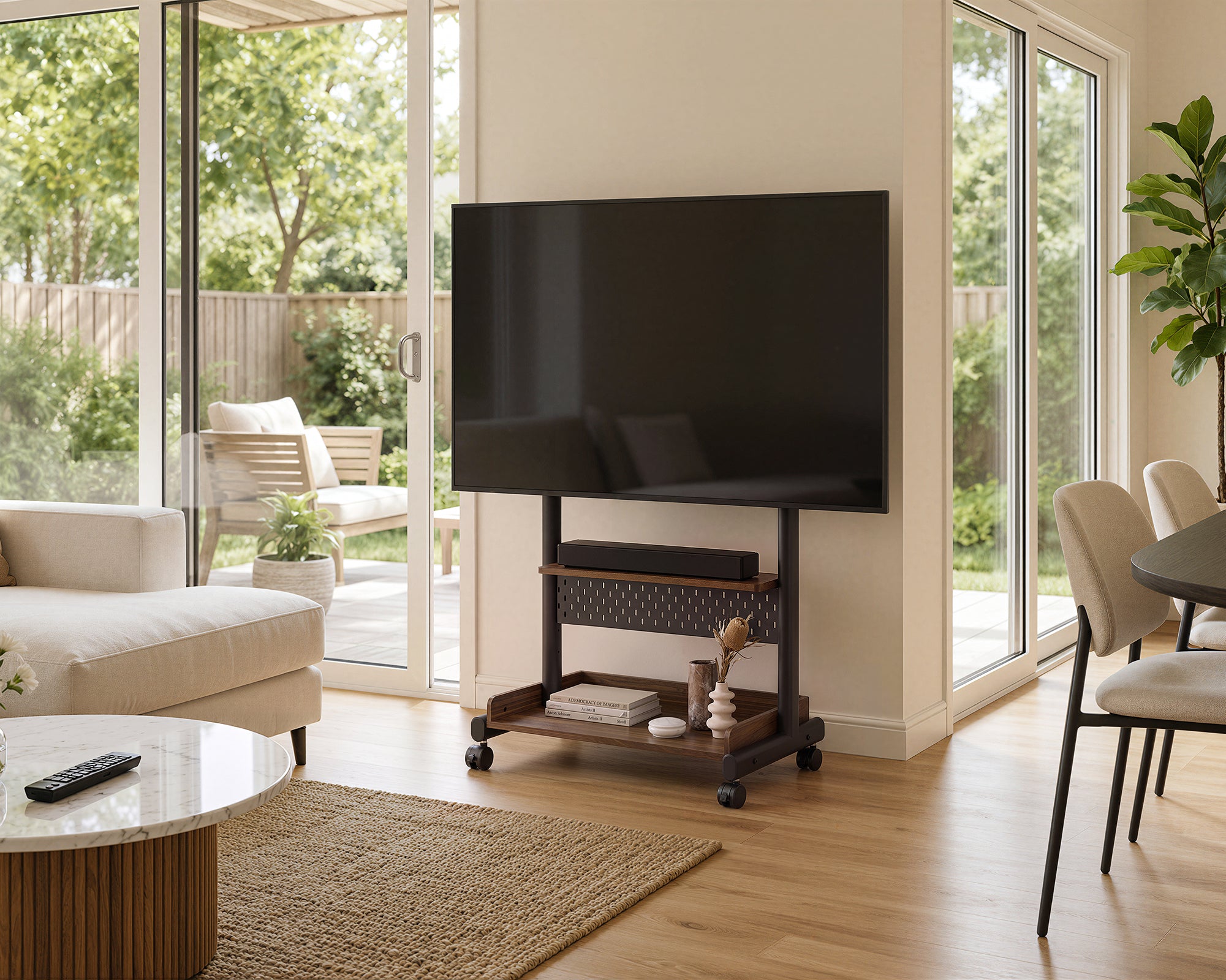 Walnut K TC85 S2 mobile TV stand with open media storage beside patio doors
