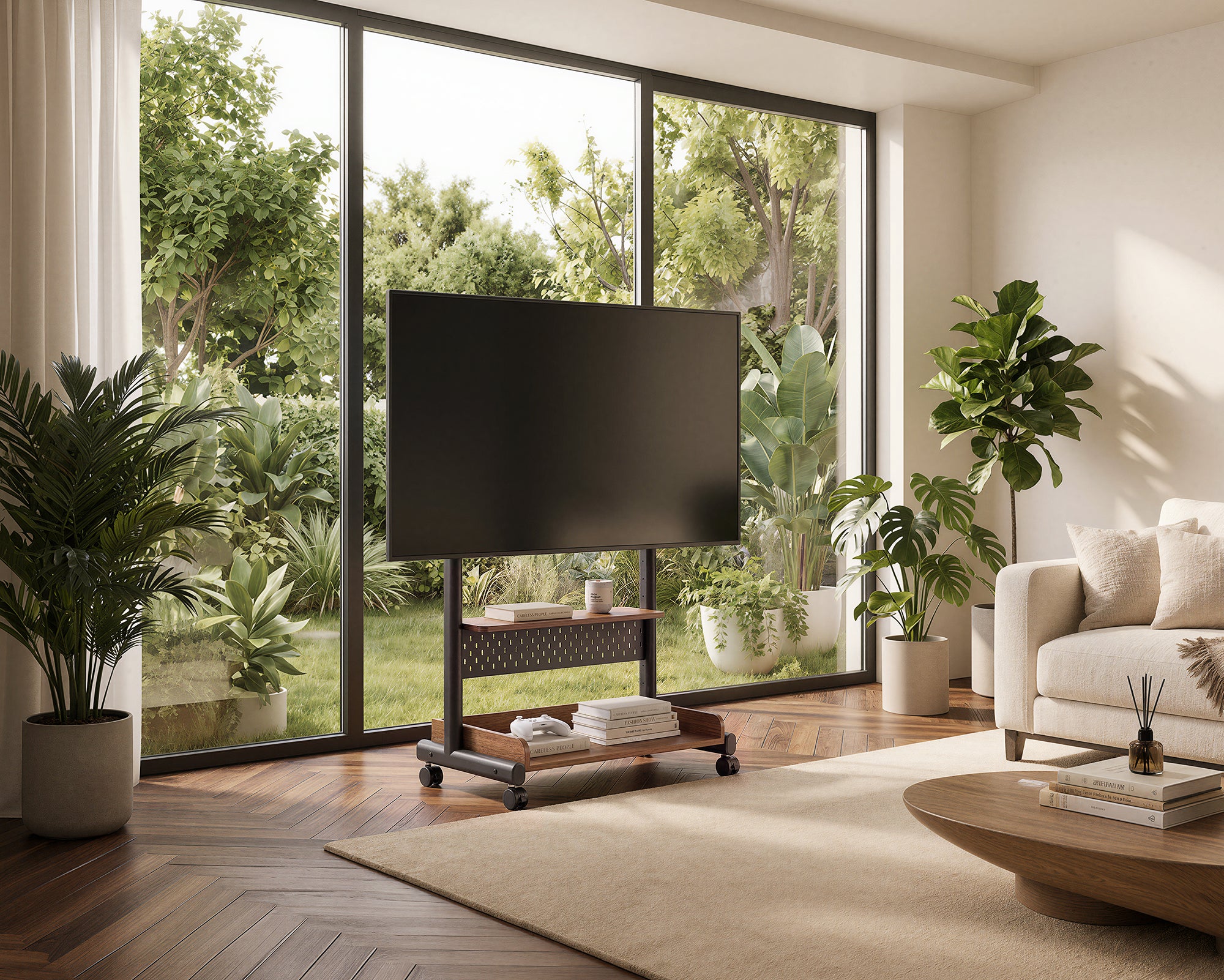Walnut K TC85 S2 rolling TV trolley in a bright living room with garden views