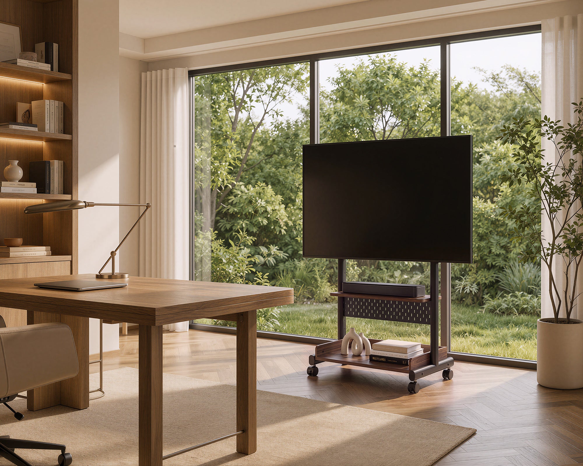 Walnut K TC85 S2 mobile TV stand beside a desk in a garden-facing study