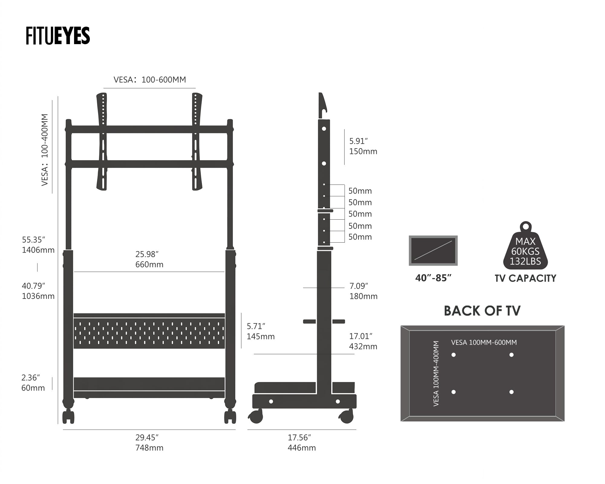 FITUEYES K TC85 walnut TV trolley dimensions and VESA guide for 40- to 85-inch screens