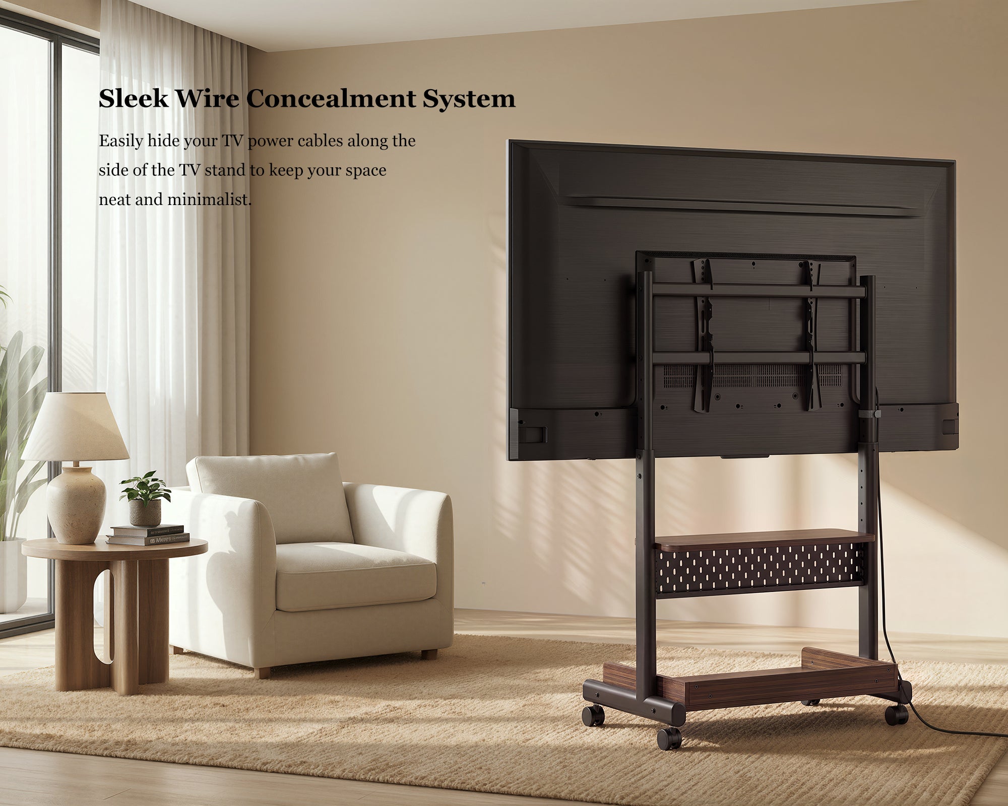 Rear view of the walnut K TC85 mobile TV stand with hidden wire management