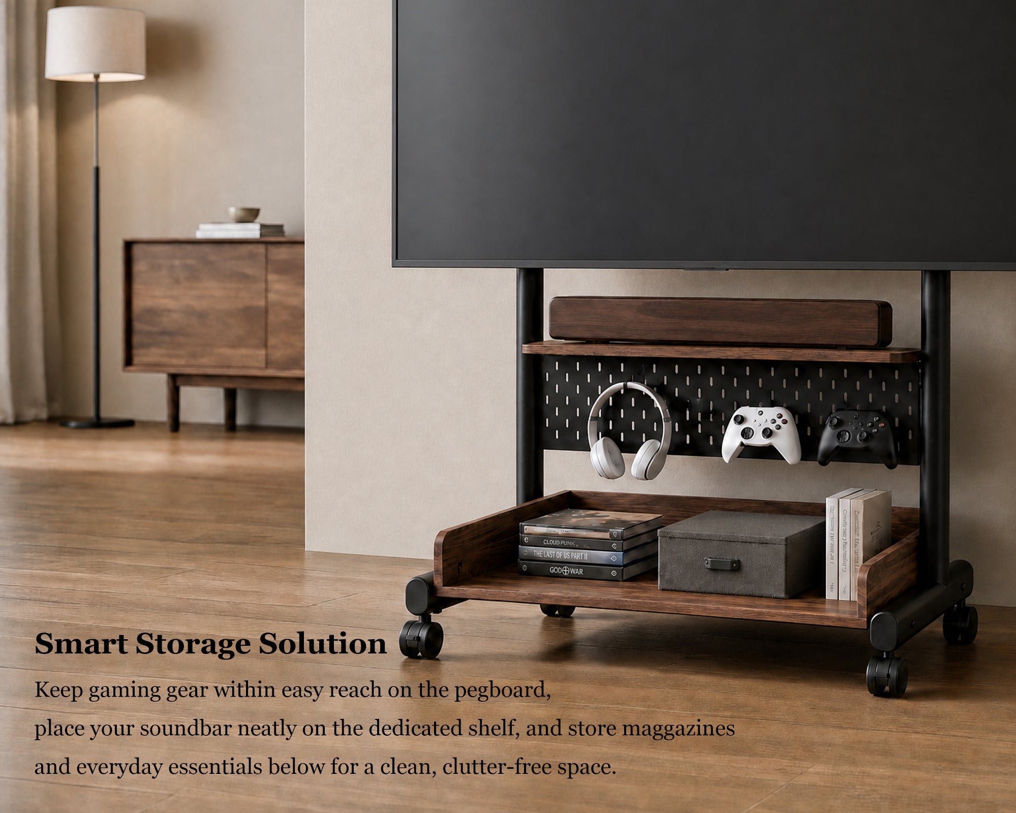 Walnut K TC85 media trolley with pegboard storage, shelf and lower compartment