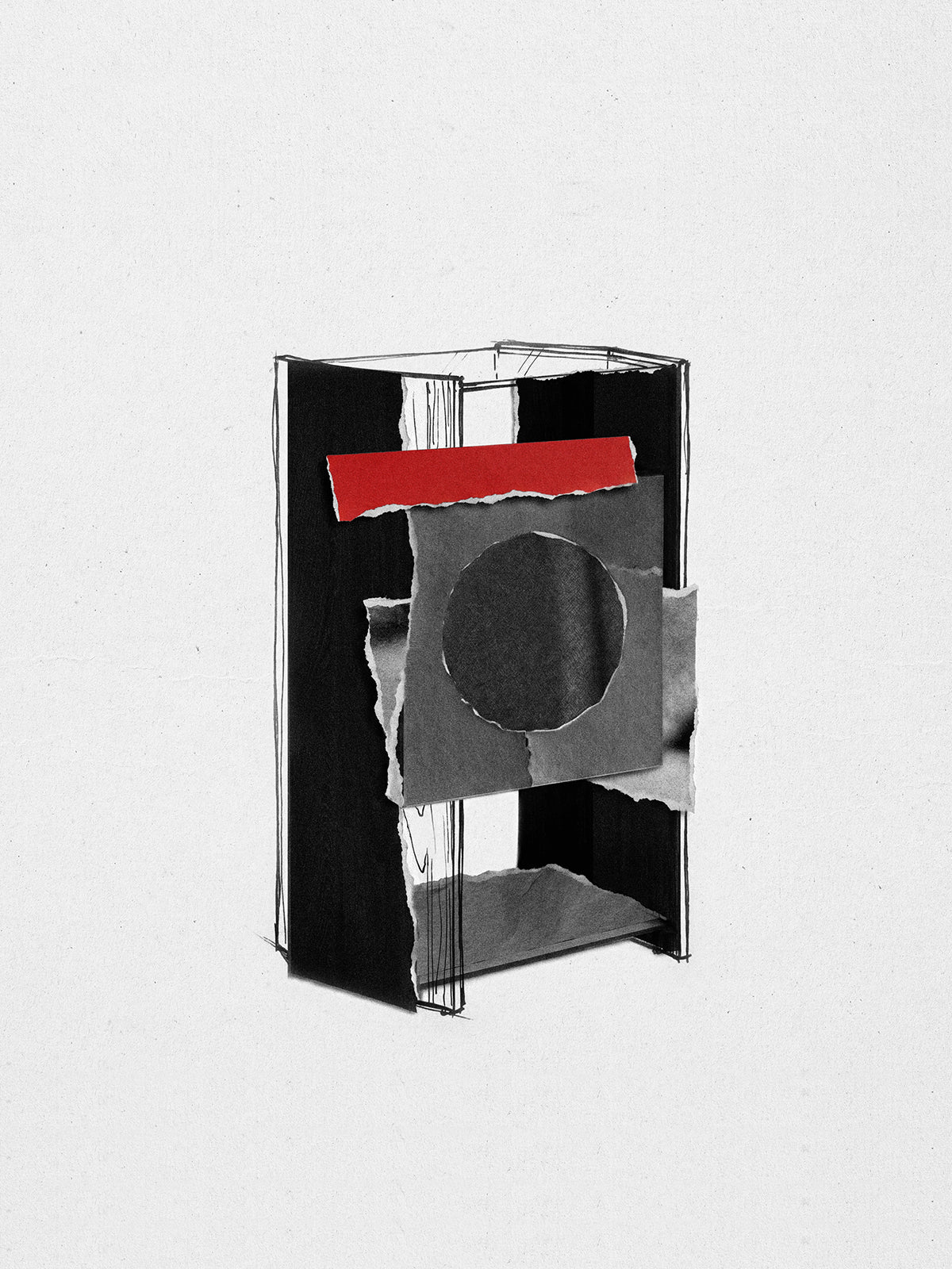 FITUEYES Picasso RS05 record player stand design collage with a circular cut-out and a red accent