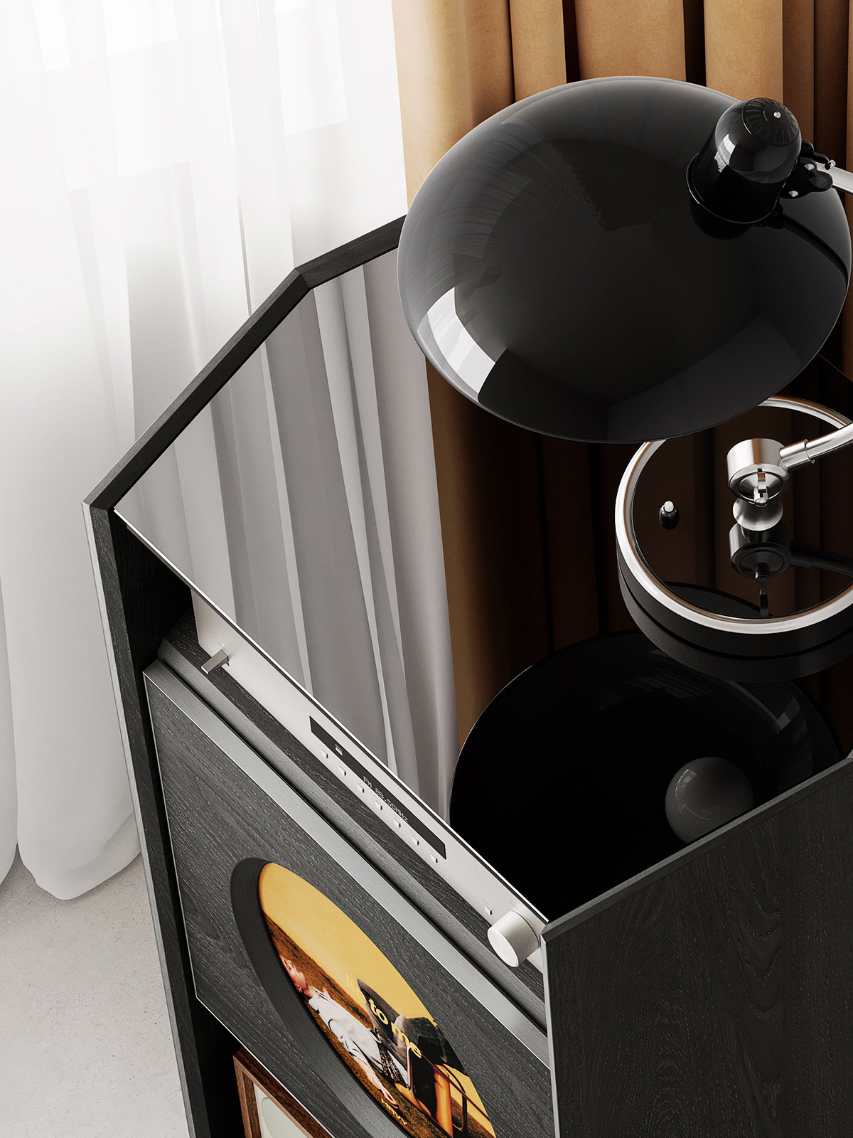 Top view of the Picasso RS05 hi-fi cabinet with a turntable and open dust cover