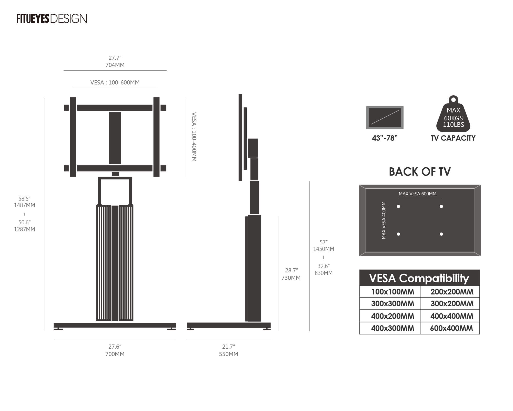 FITUEYES Cantor FT78 TV Stand Dimension