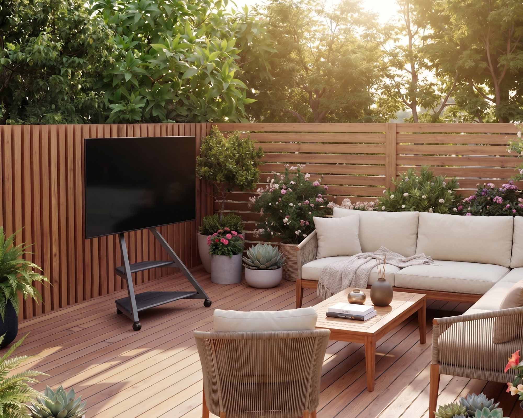 Sleek tv stand with wheels placed on a wooden deck for outdoor movie nights