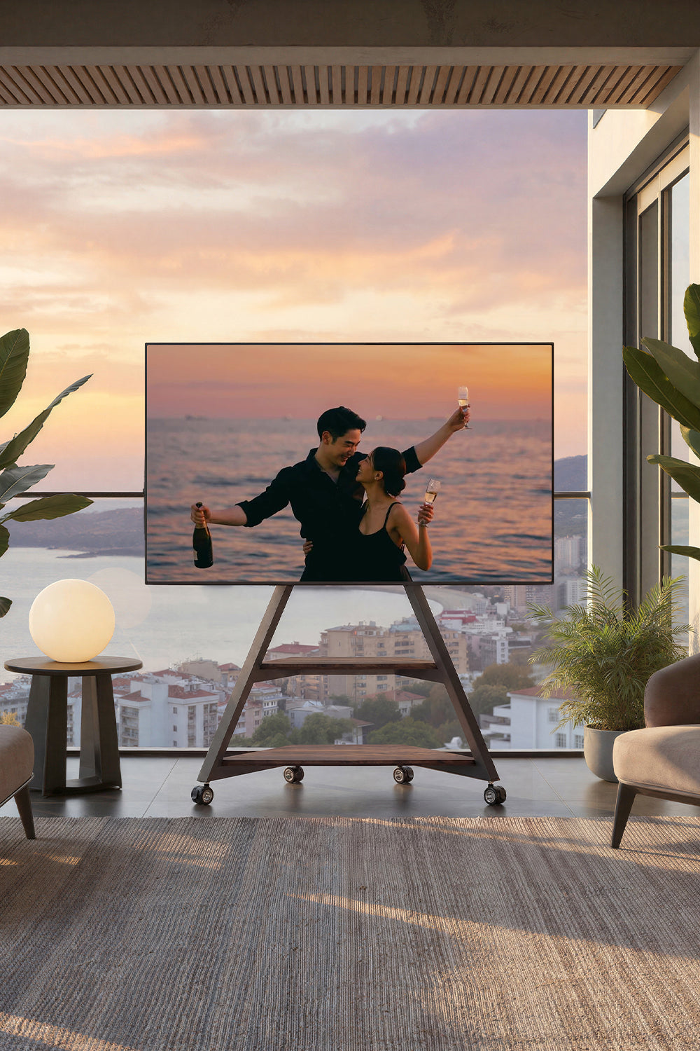 Eiffel outdoor TV stand on a covered patio overlooking the sea at sunset