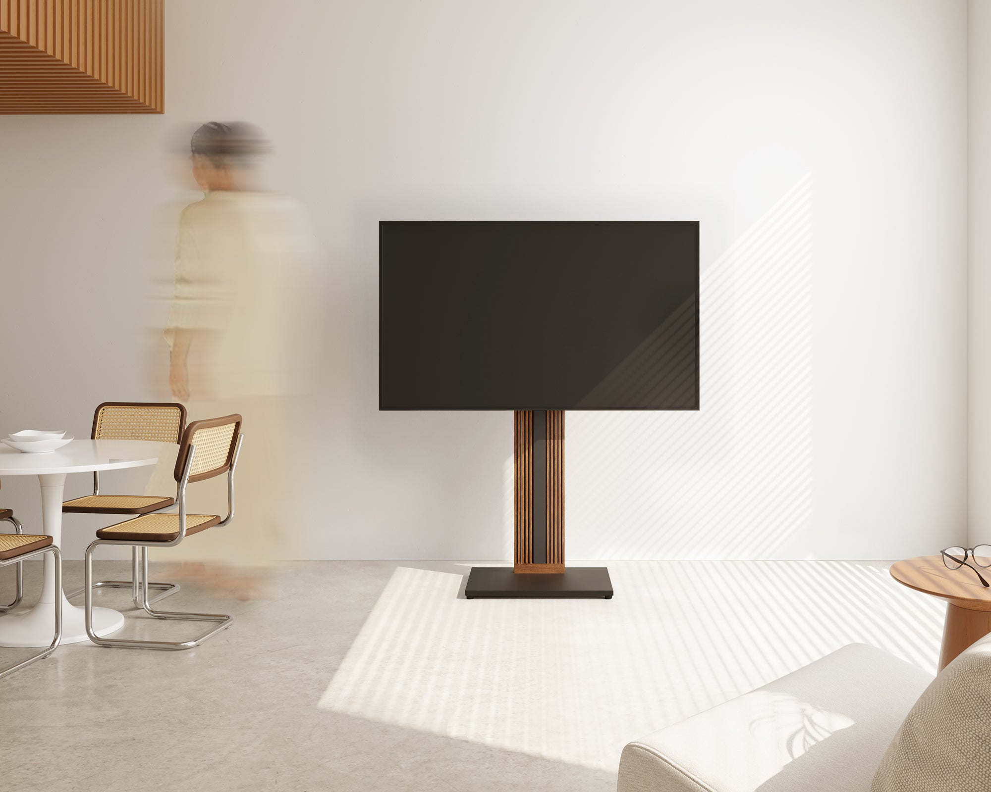 Zen FT65 walnut floor TV stand in a minimalist dining space with a slim black base