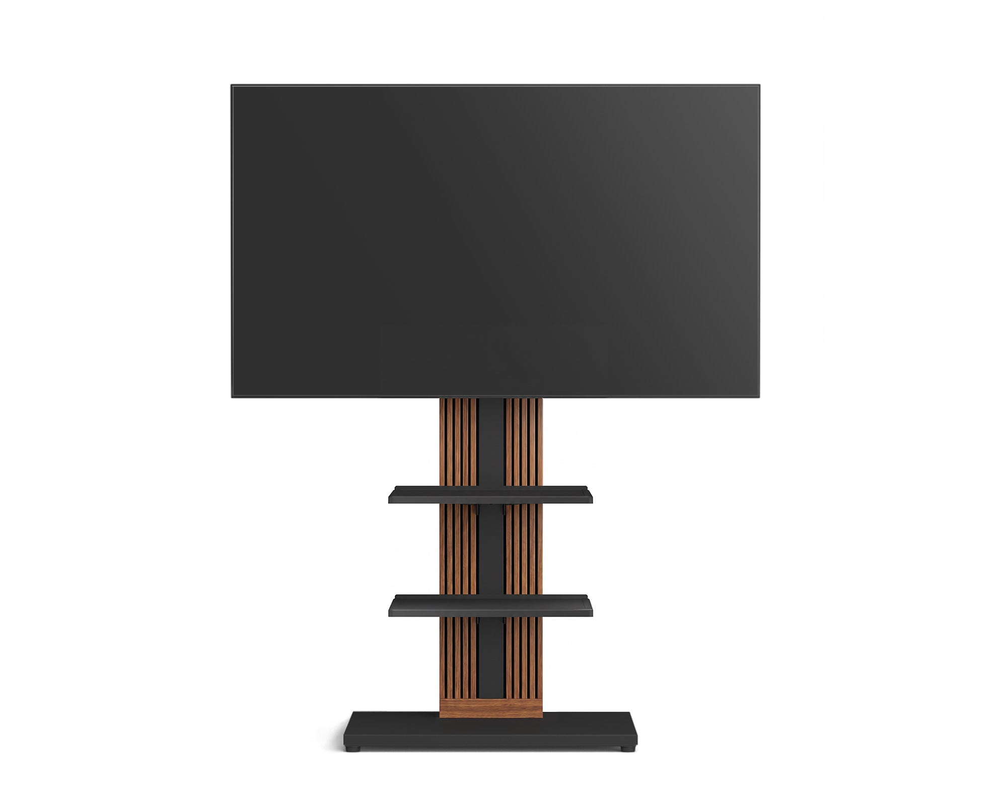 Zen FT65 walnut TV stand with two adjustable media shelves on a white background