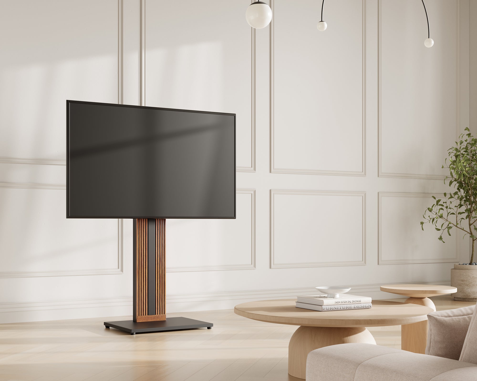 Zen FT65 walnut pedestal TV stand beside a sofa and coffee table in a neutral living room