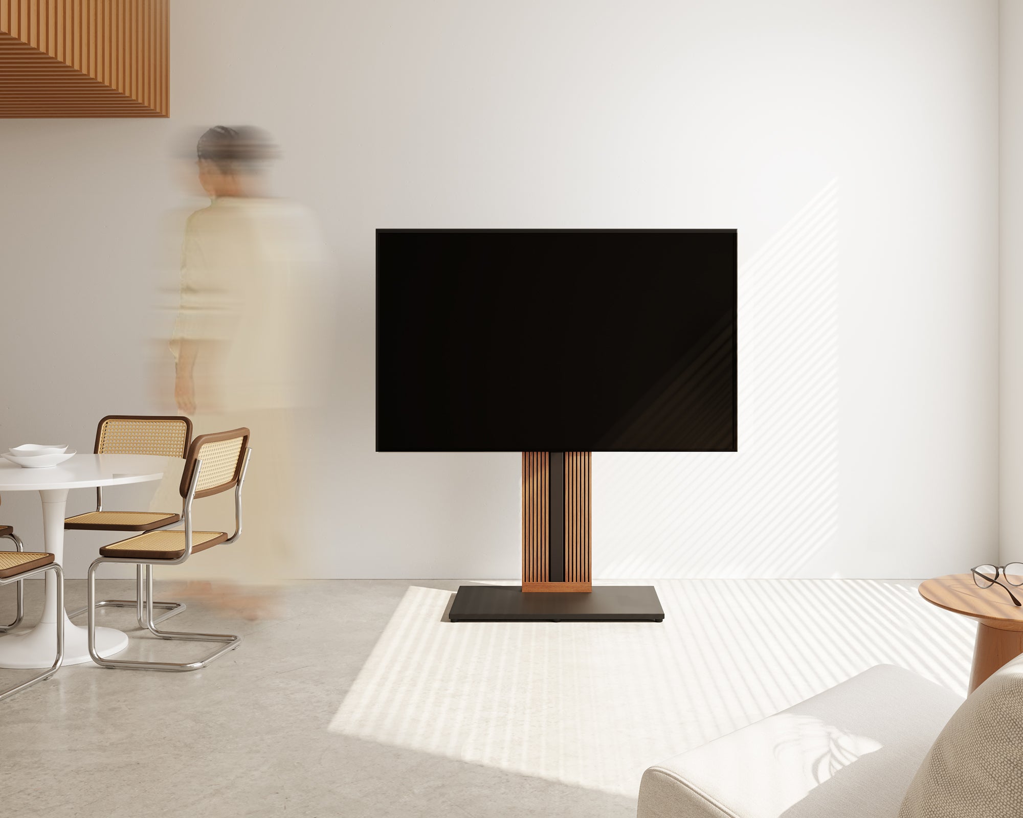 Minimal dining area with a walnut Zen FT88 TV floor stand against a white wall