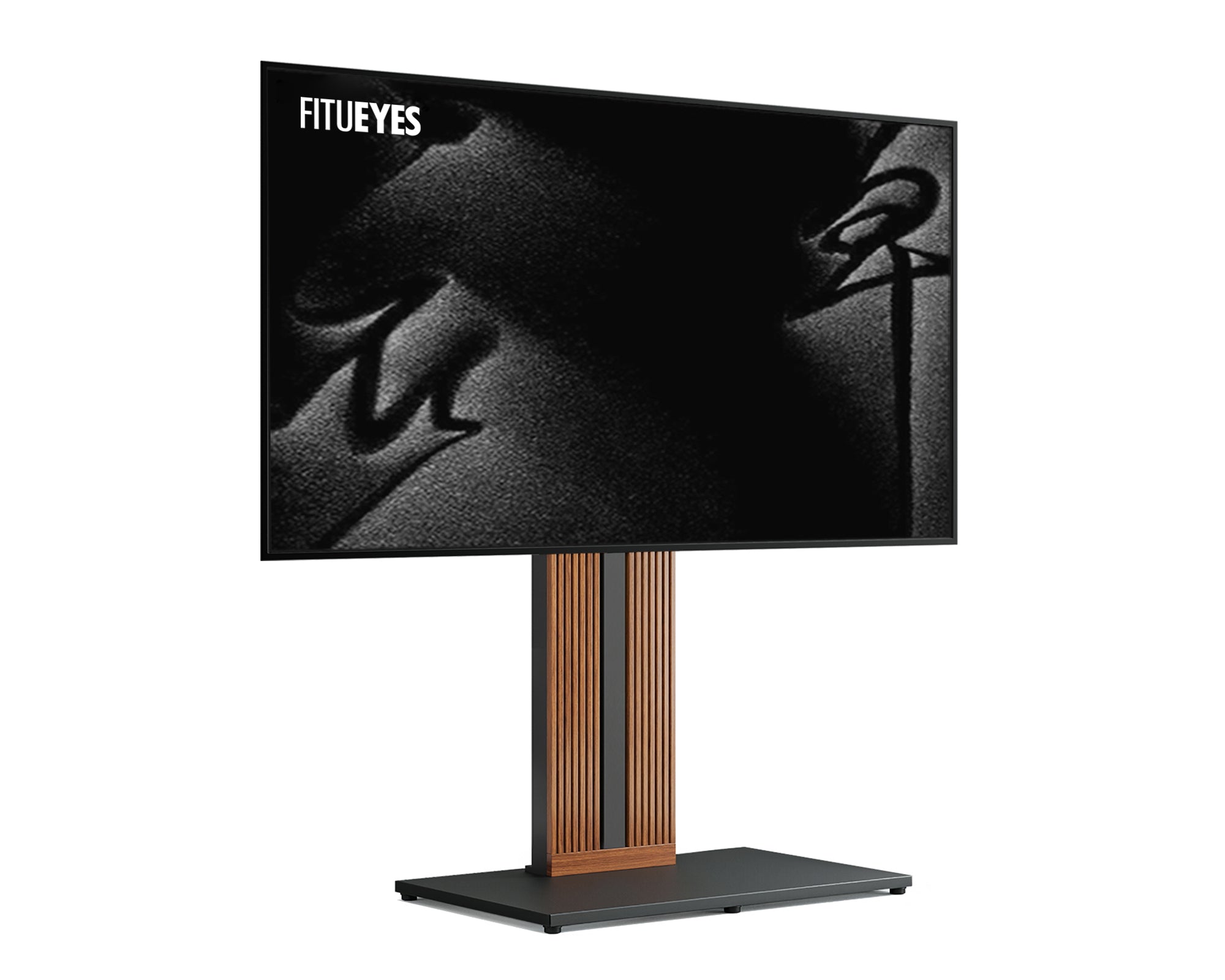 Zen FT88 walnut floor-standing TV mount on a white background with abstract artwork on screen