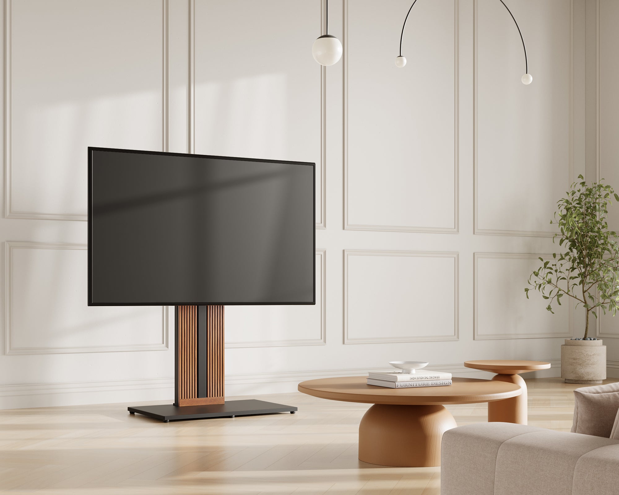Walnut Zen FT88 floor TV stand beside a sofa in a softly lit modern living room