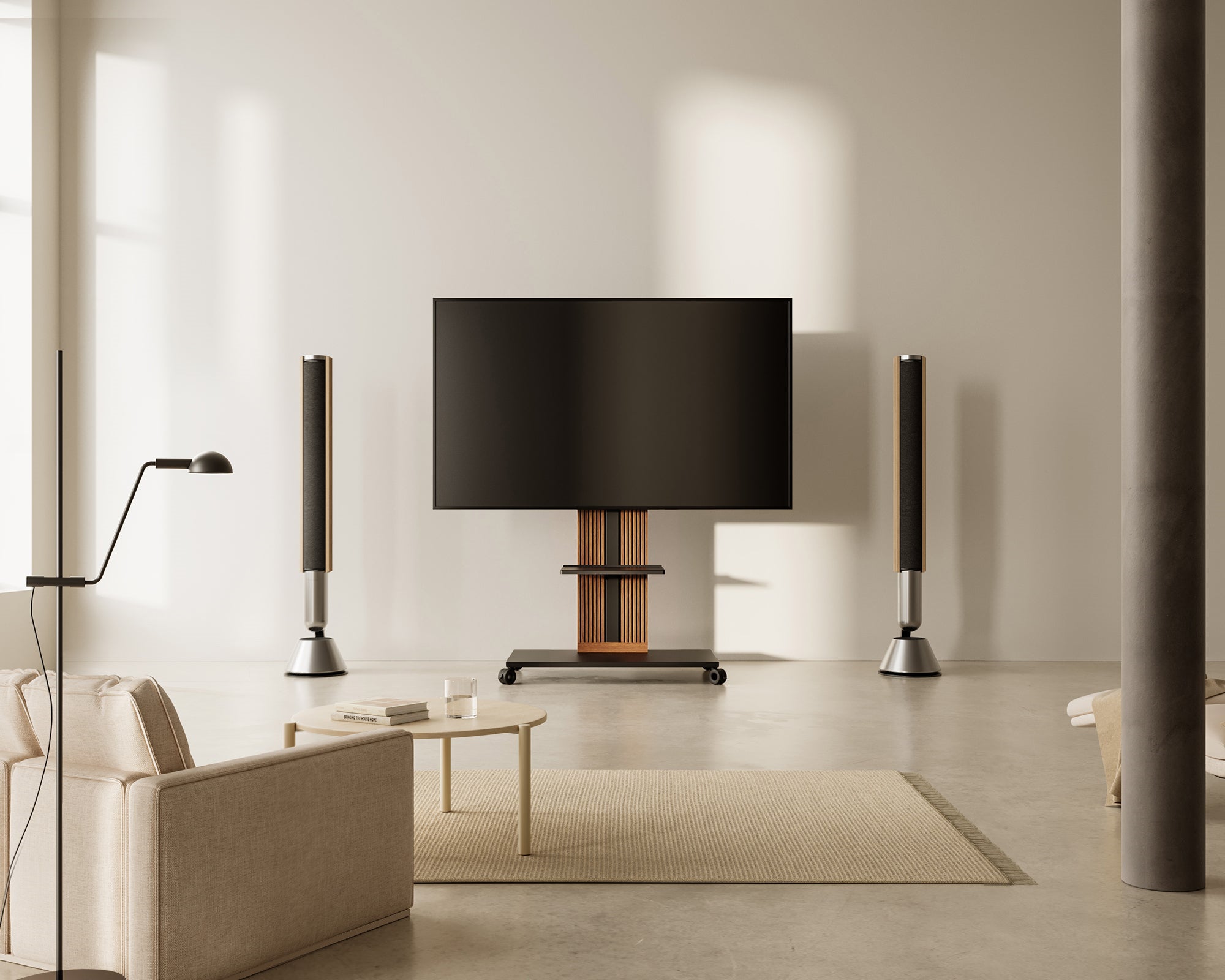 Zen FT88 walnut freestanding TV stand set between speakers in a spacious lounge