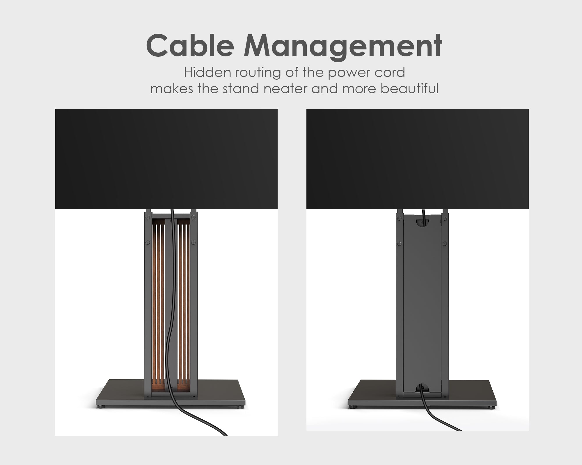 Front and rear views of Zen FT65 walnut TV stand with hidden cable management