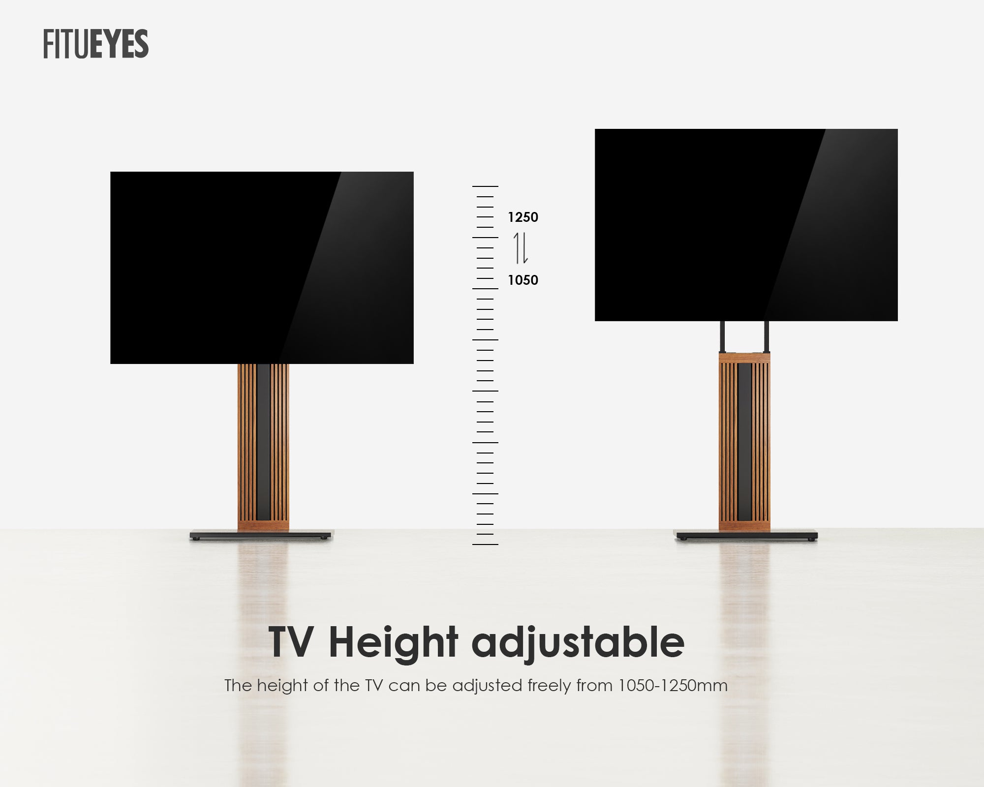 Zen FT65 height-adjustable walnut TV stand shown with the screen at two positions