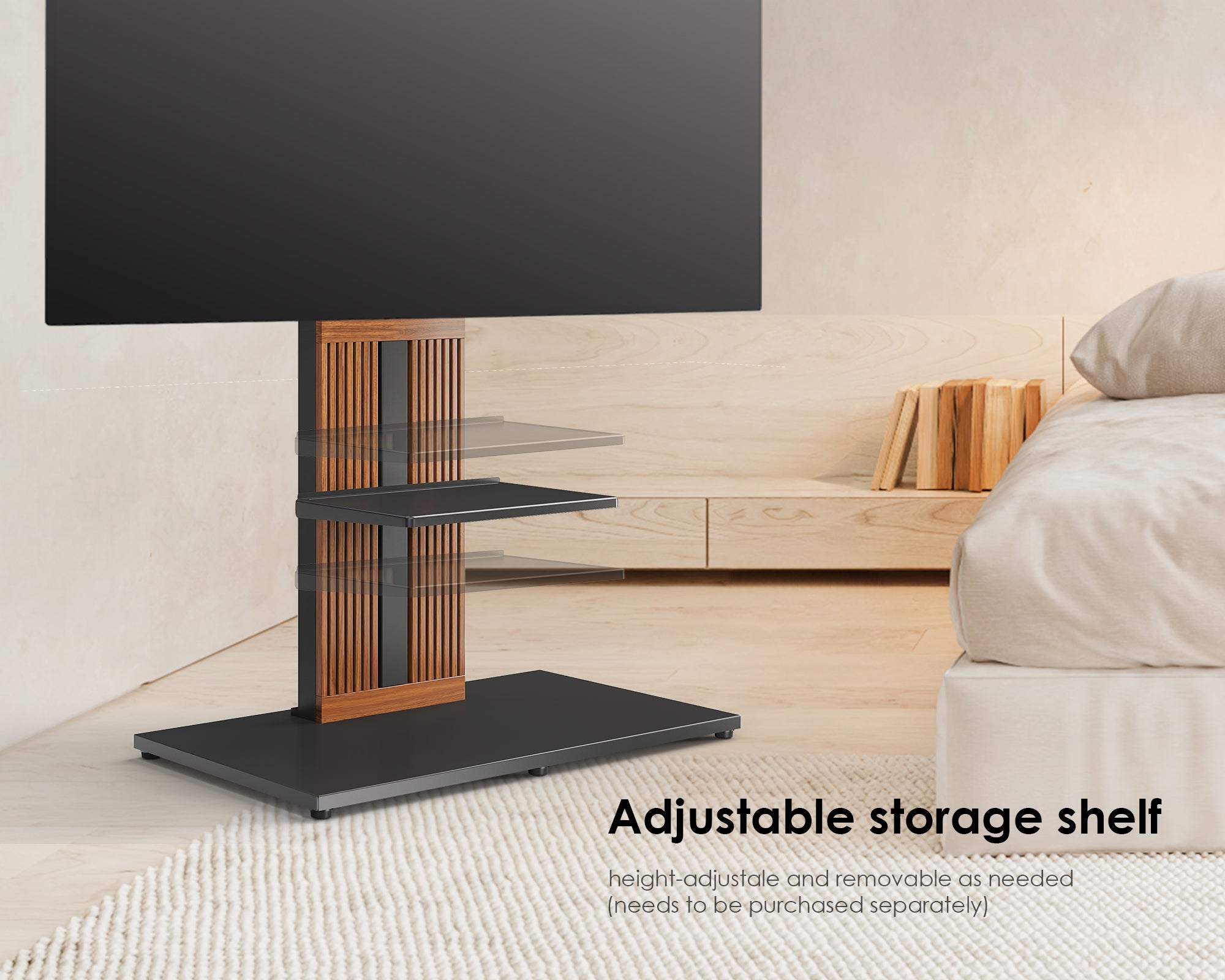 Walnut Zen FT88 freestanding TV mount with an adjustable shelf for media devices