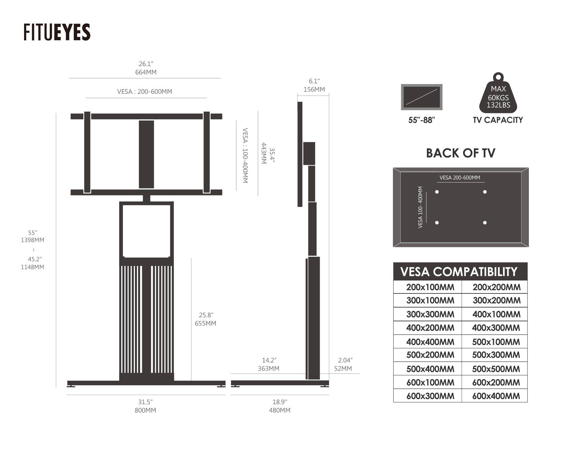 FITUEYES Zen FT88 white floor TV stand dimensions and VESA mounting compatibility for 55- to 85-inch TVs