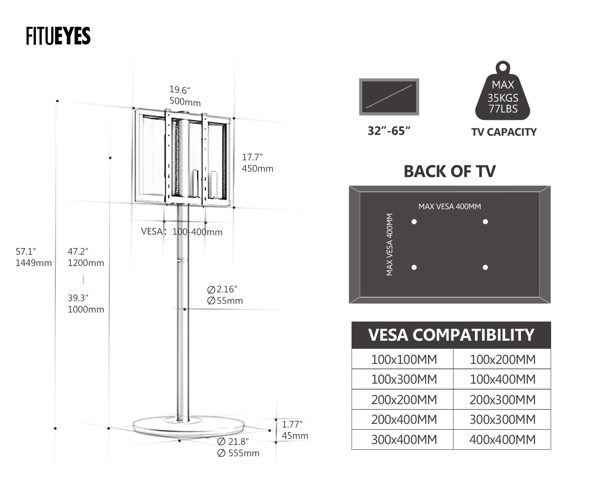 Floor TV Stand With Wheels Master Serie ™ 2nd 32-65 Inch