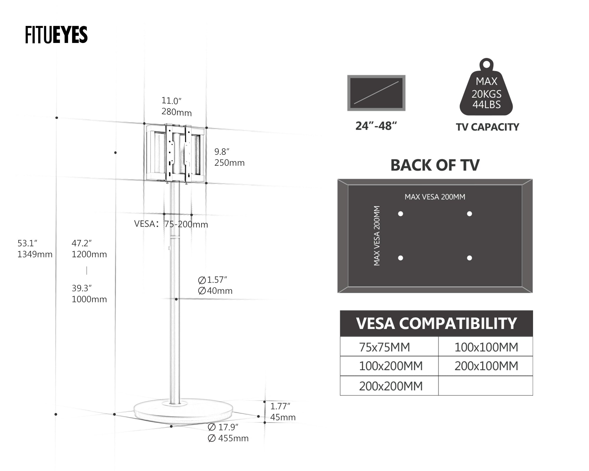 Floor TV Stand With Wheels Master Serie ™ 2nd 24-48 Inch