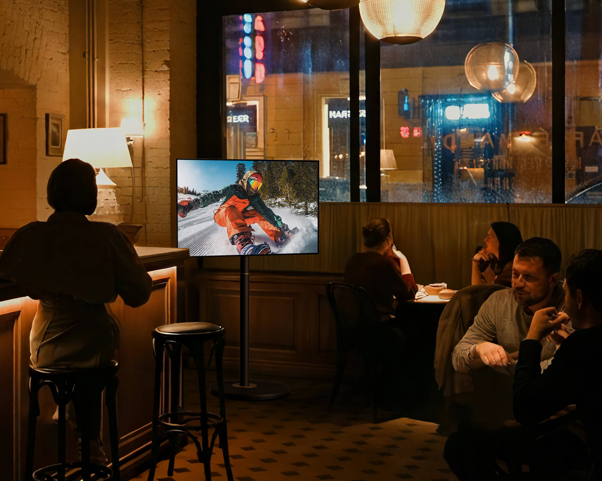 rolling tv stand for viewing sporting events in pubs