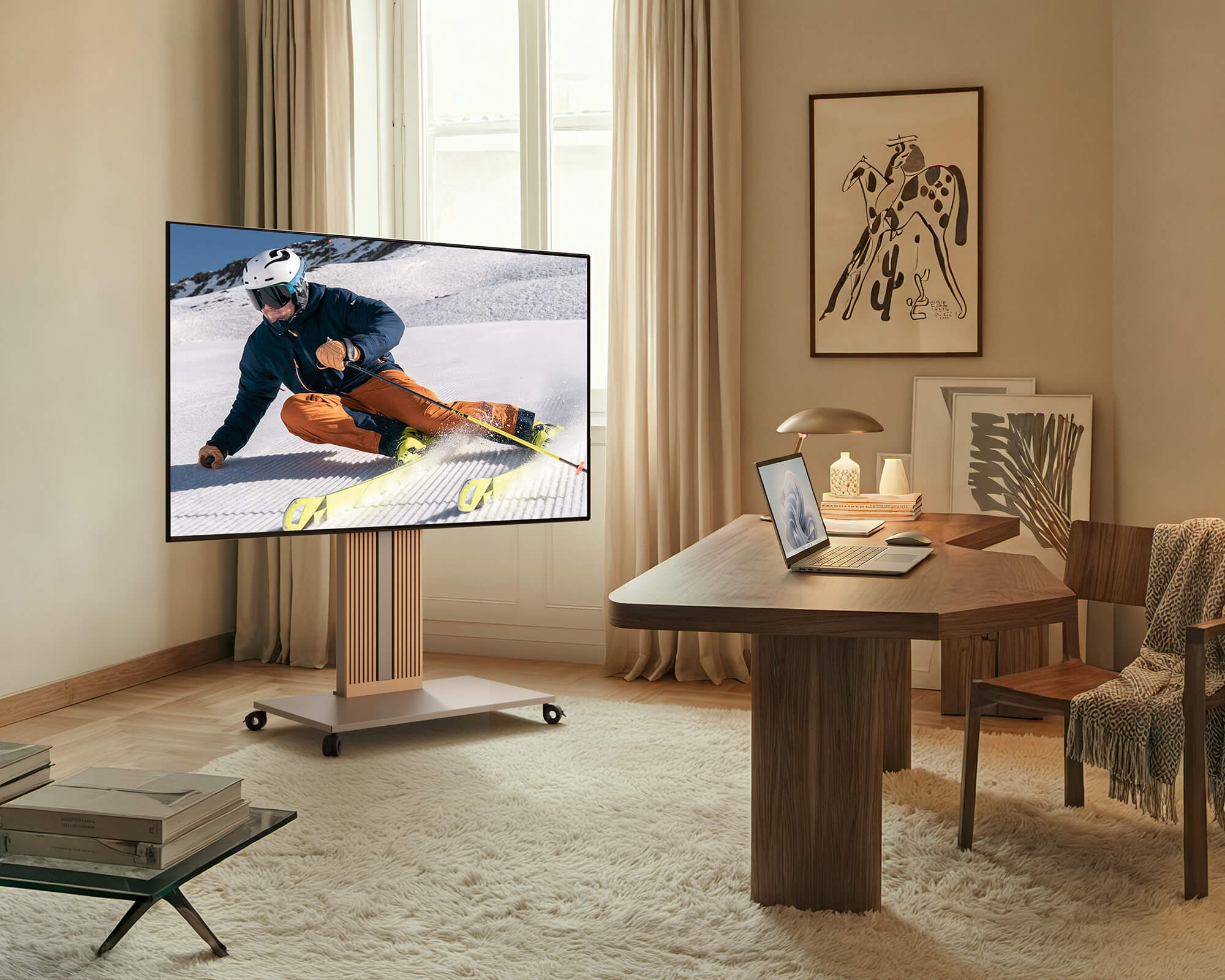 88 inch tv stand with wheels in the study for enjoying winter Olympics