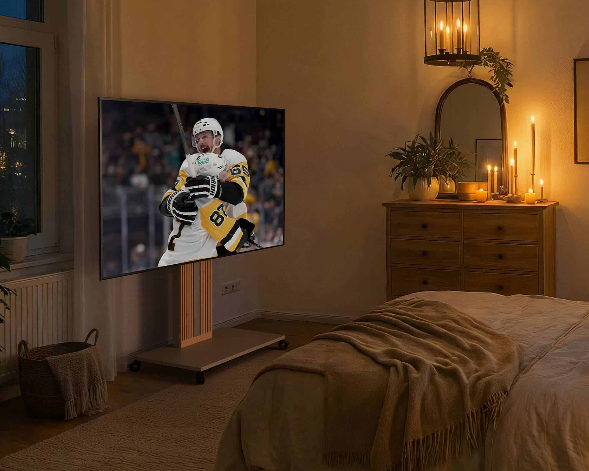 watching Winter Olympics with mobile tv stand in the bedroom