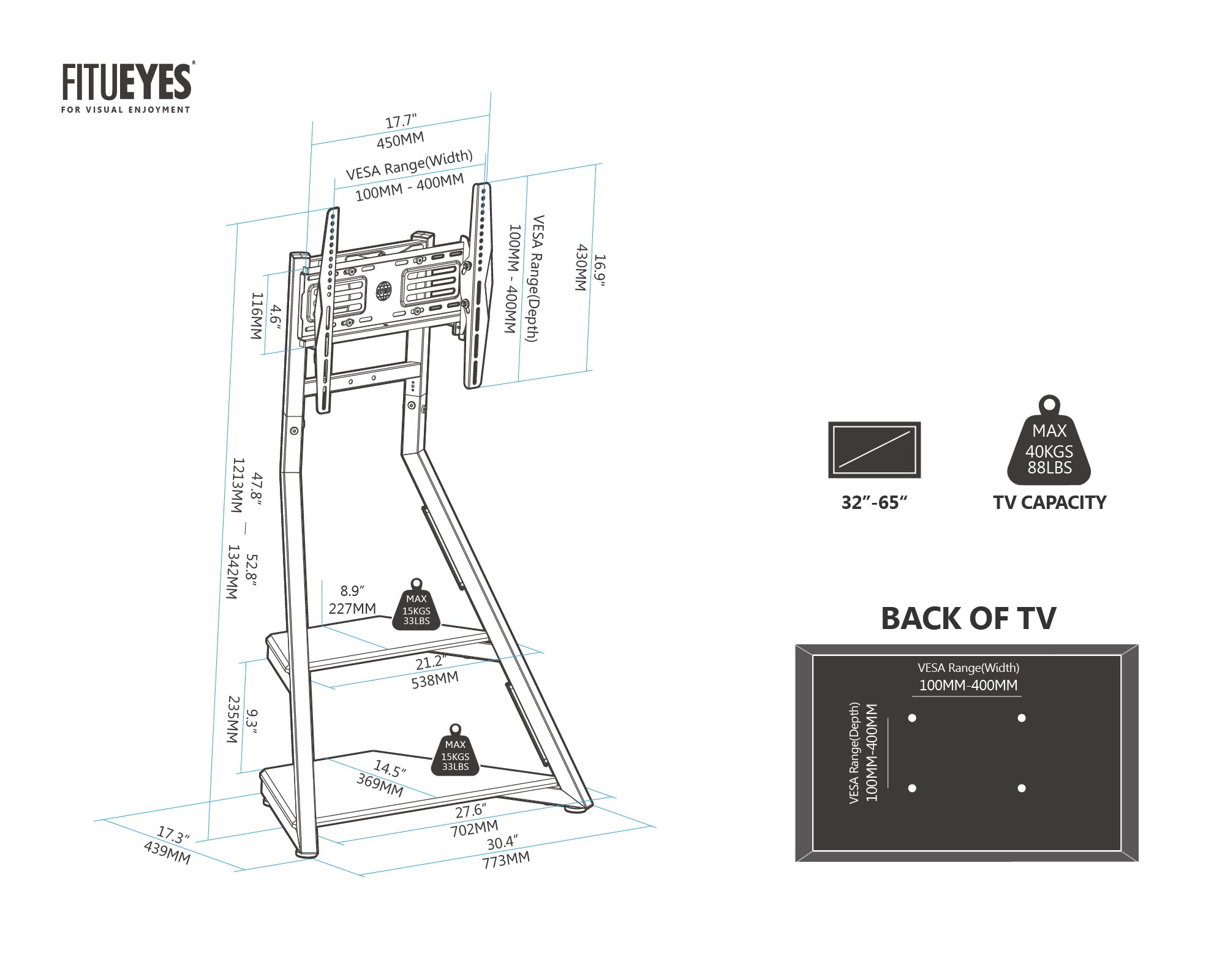 Floor TV Stand With Wheels Eiffel Series 32-65 Inch