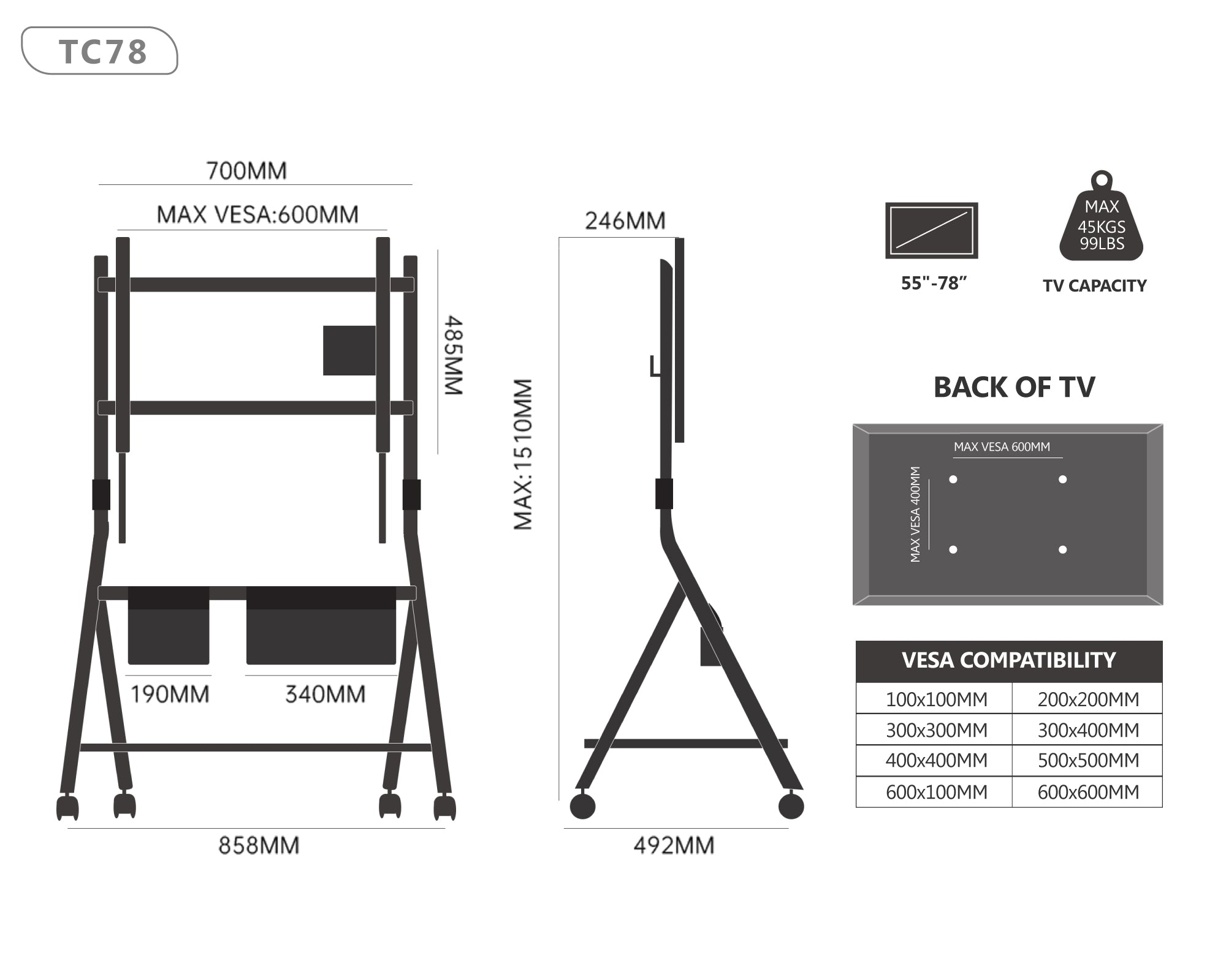 Floor TV Stand Portable Storage Collector Series 55-78 Inch