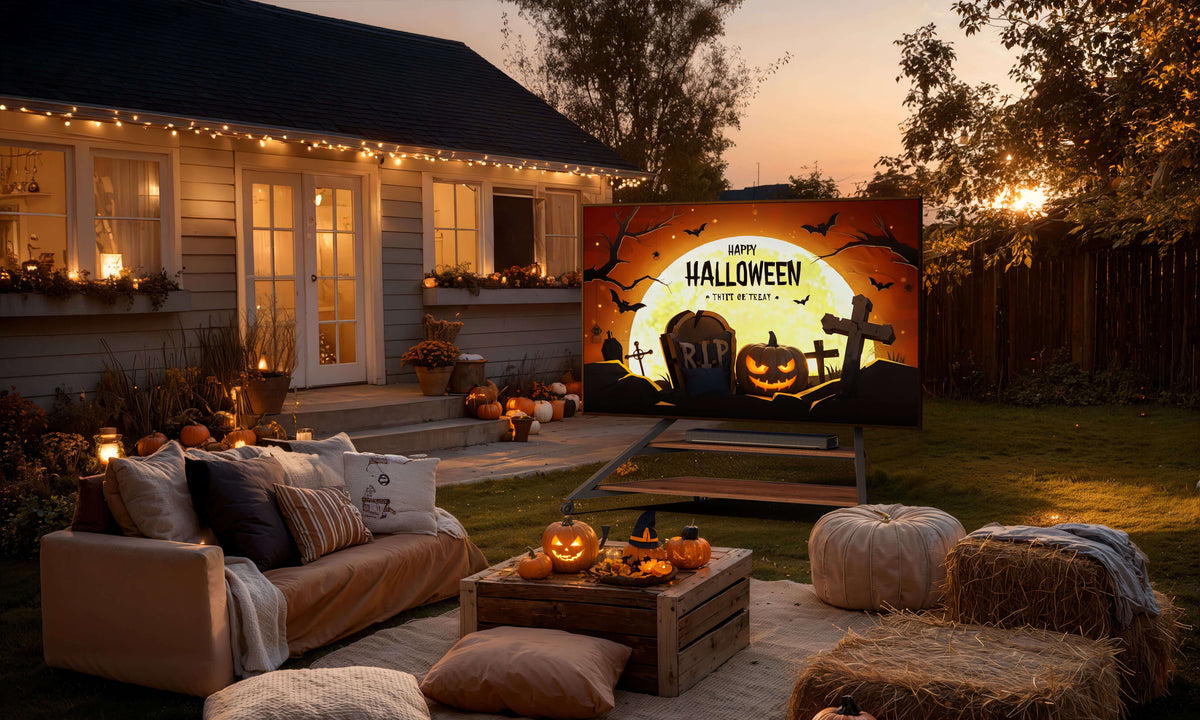 An Eiffel V2 FT100 TV stand in an outdoor Halloween movie-night setting